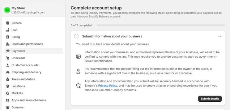 Shopify payments settings page prompting to complete account setup by submitting details