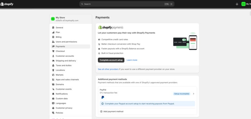 Shopify payment settings on dashboard