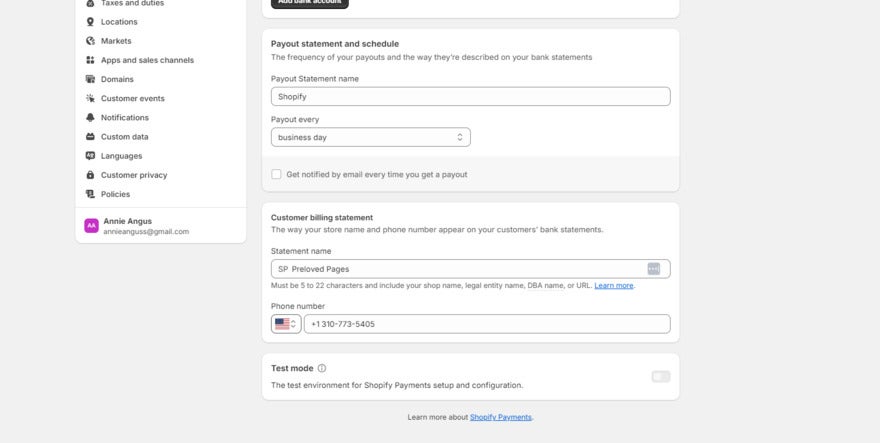 Shopify payment settings showing test mode at the bottom of the page