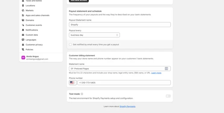 Shopify payment settings showing test mode at the bottom of the page
