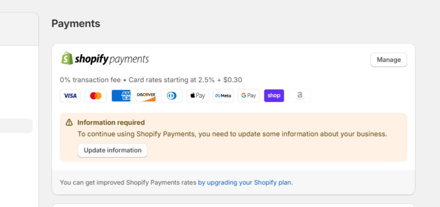 Shopify Payments showing 10 payments accepted payment types