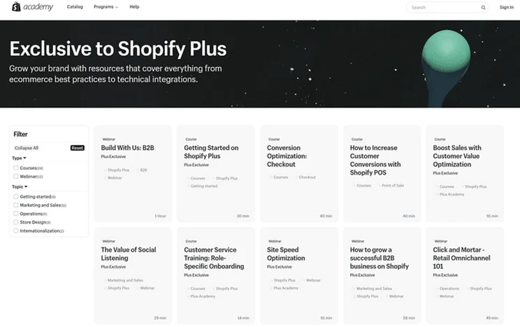 Shopify Academy site showing 10 courses exclusive to Shopify Plus