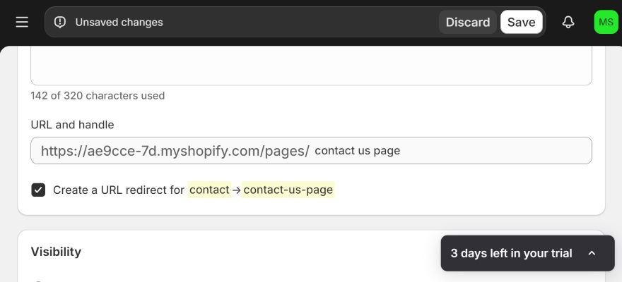 Screenshot of Shopify's dashboard showcasing a box to place your custom URL