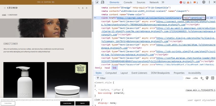Shopify SEO Review Canonical tags Screenshot of the Cécred homepage with its code on the left of the screen showcasing it's canonical tags data