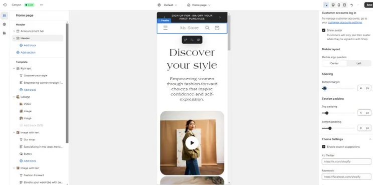 Screenshot of Shopify's mobile view from the website editor showcasing its interface