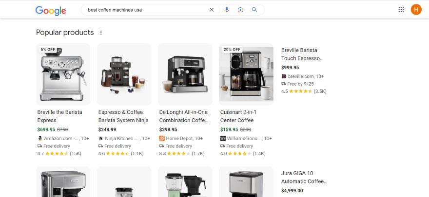 Screenshot of a Google results page showcasing images of coffee machines and their schema markup star ratings