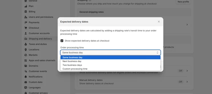 adding expected delivery dates in shopify shipping settings