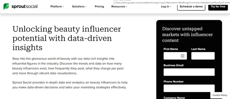 Screenshot of a Sprout Social page delving into their beauty influencers and a sign up form