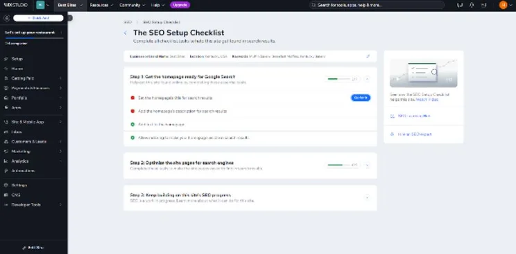 Screenshot of Wix's SEO checklist from the dashboard listing website next steps