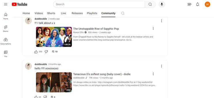 Screenshot of a YouTube profile showcasing the community tab where users can reply to videos about them.
