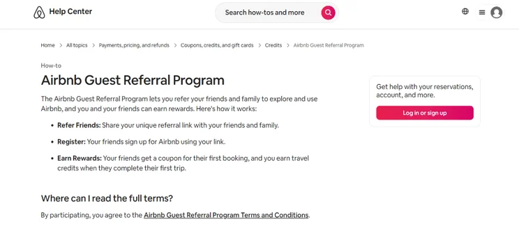 Screenshot of an Airbnb help page detailing its guest referral program