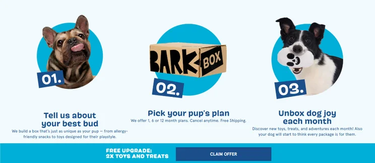 Screenshot of BarkBox's homepage and three sections explaining how to use its dog subscription box service