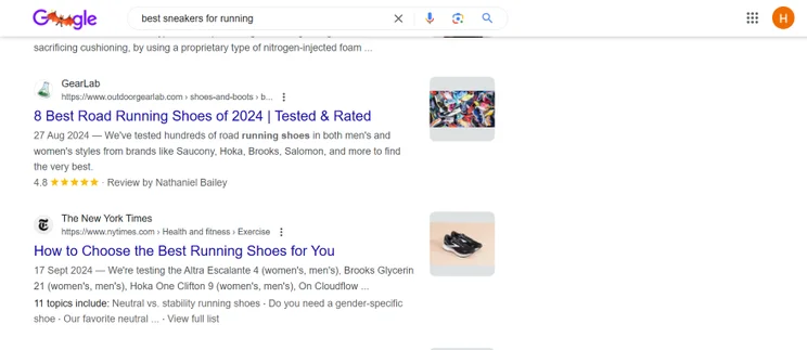 Screenshot of a Google search engine results page for the query "best sneakers for running"