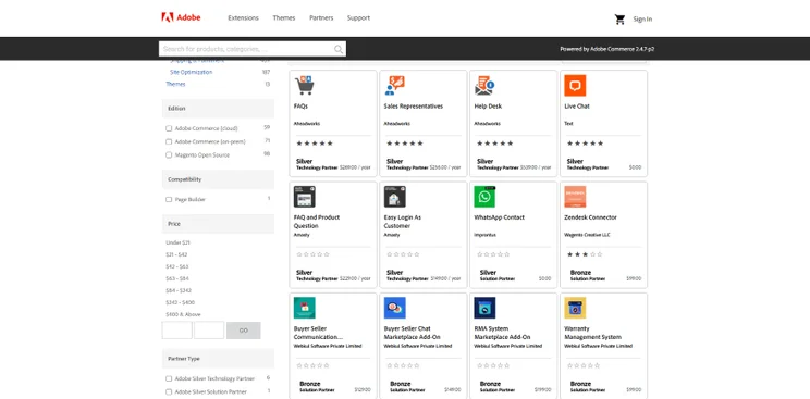 Screenshot of Adobe Commerce's extension store with a list of add-ons to choose from