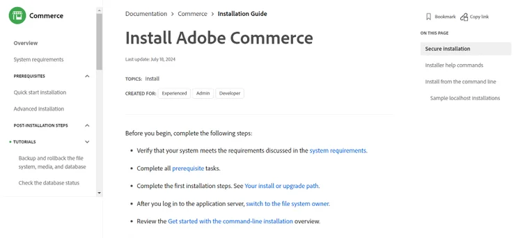 Screenshot of Adobe Commerce documentation explaining how to install the software
