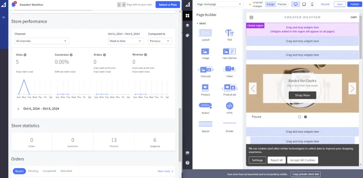 Splitscreen of BigCommere's front end storefront editor and backend dashboard