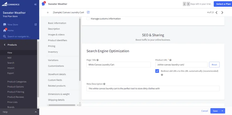 Screenshot of BigCommerce's dashboard where you can add key metadata