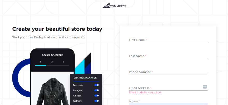 Screenshot of BigCommerce's sign up page with fields to enter key details in