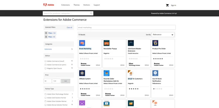 Screenshot of Adobe Commerce email marketing extensions available from its store