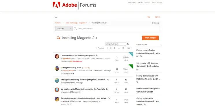 Screenshot of Adobe Commerce's community forums discussing multiple topics in threads