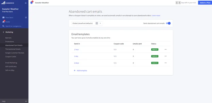 Screenshot of BigCommerce's abandoned cart recovery tab from the dashboard