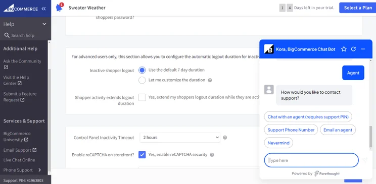 Screenshot of BigCommerce's dashboard and it's Kora AI chatbot popup