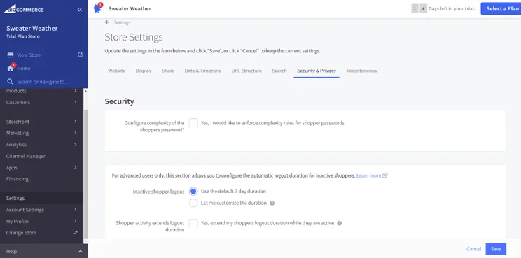 Screenshot of BigCommerce's dashboard tab for key security settings