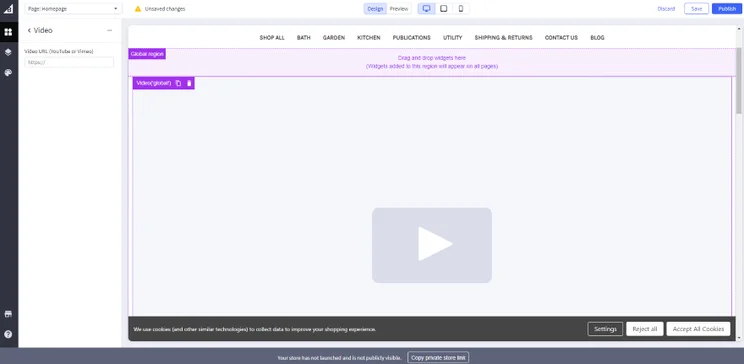 Screenshot of the BigCommerce editor when adding a video widget to the homepage