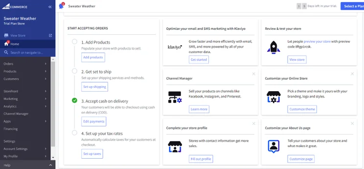 Screenshot of BigCommerce's dashboard with key steps on what to do next