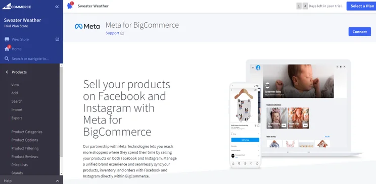 Screenshot of Facebook's site integration on the BigCommerce dashboard