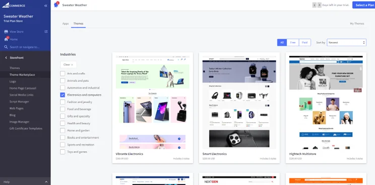 Screenshot of BigCommerce's Theme Marketplace from the dashboard