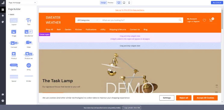Screenshot of a BigCommerce theme preview in the site editor