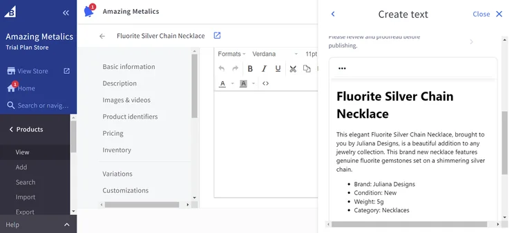 Screenshot of AI generated text from BigCommerce's product listing backend