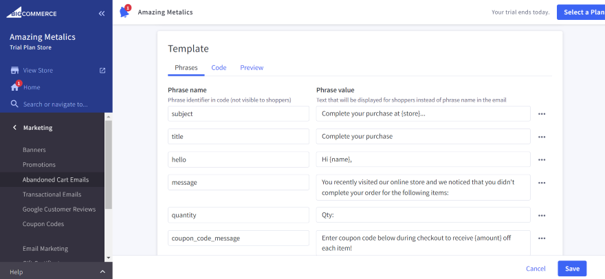 Screenshot of BigCommerce's abandoned cart email settings and fields to change the message