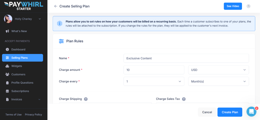 Screenshot of the PayWhirl app installed on the BigCommerce dashboard to create subscription plans with