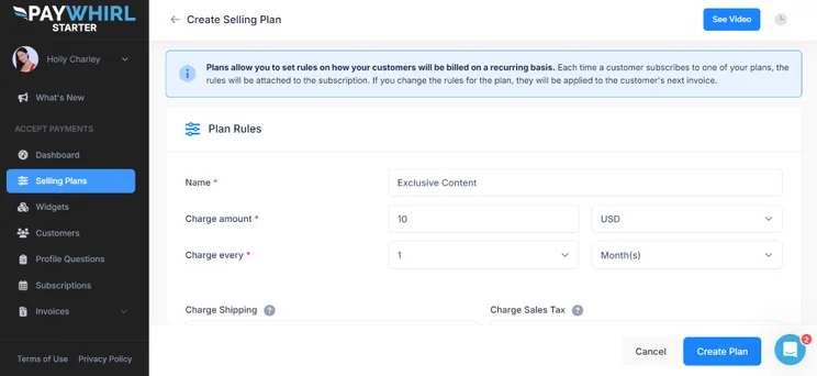 Screenshot of the PayWhirl app installed on the BigCommerce dashboard to create subscription plans with