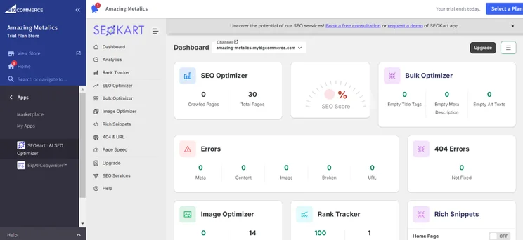 Screenshot of the SEOKart app installed onto a BigCommerce dashboard
