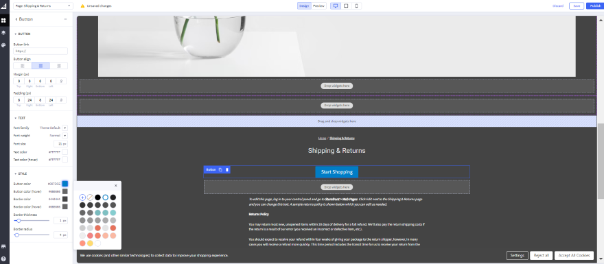 Screenshot of BigCommerce's Editor with a blue cta button added to the website design