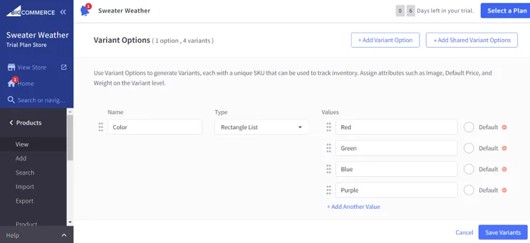 Screenshot of BigCommerce's dashboard in an area where you can add product variants