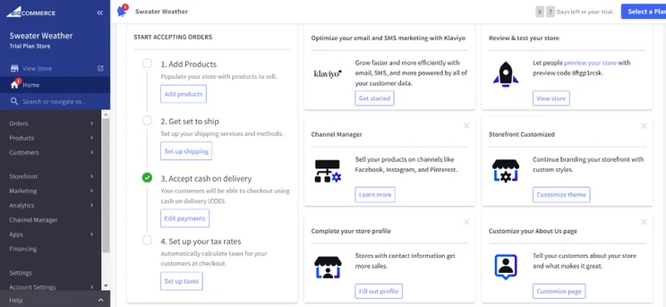 Screenshot of BigCommerce's dashboard