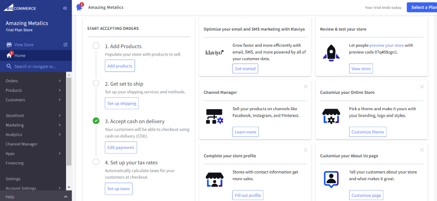 Screenshot of the BigCommerce dashboard showing users the steps to follow to set up