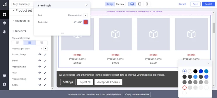 Screenshot of the BigCommerce storefront editor with a sidebar for changing colors