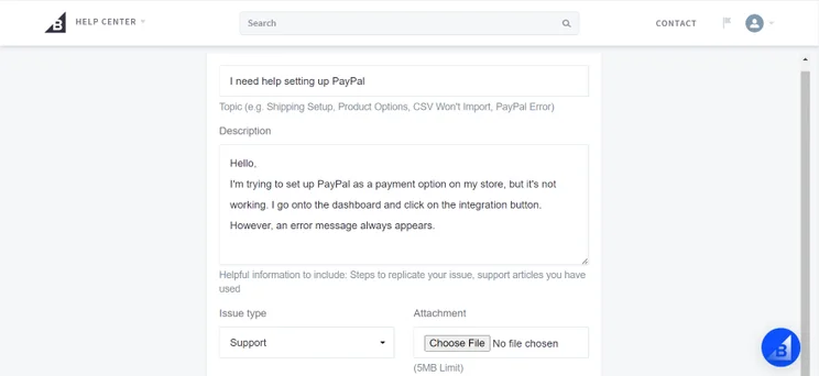 Screenshot of BigCommerce's help email form filled in with a request