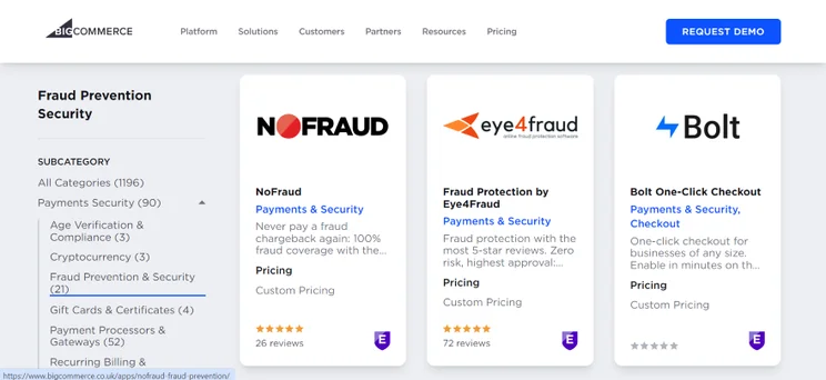 Screenshot of BigCommerce's marketplace with a list of fraud prevention apps