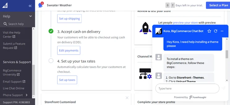 Screenshot of the BigCommerce's dashboard with its AI Kora live chat bot popup with text