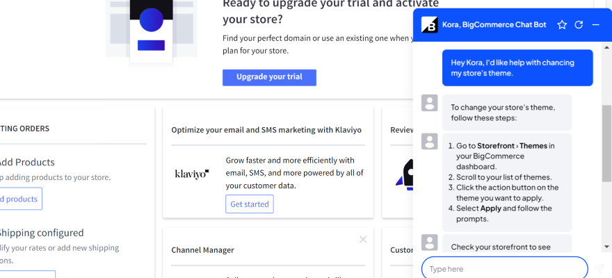 Screenshot of BigCommerce's dashboard and a chat bot answering a question on theme changes