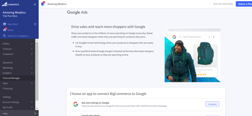 Screenshot of BigCommerce's dashboard showcasing a Google Ads channel integration with related apps to download