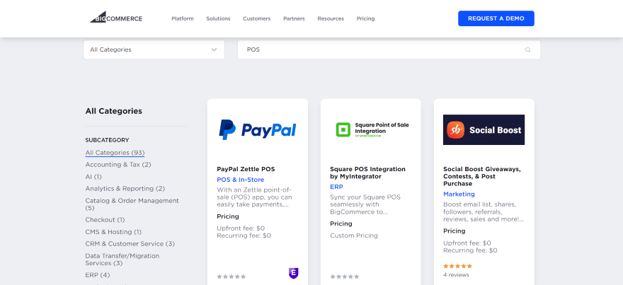 Screenshot of BigCommerce's app store and some POS apps available