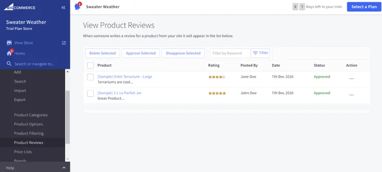 Screenshot of the BigCommerce dashboard showcasing the product reviews feature
