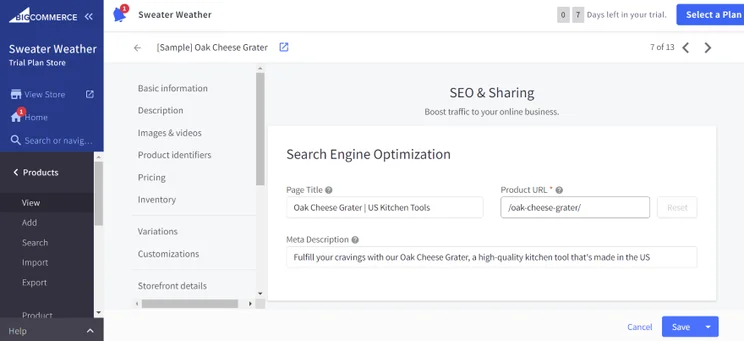 Screenshot of a tab on BigCommerce's dashboard to change metadata and URLs for SEO